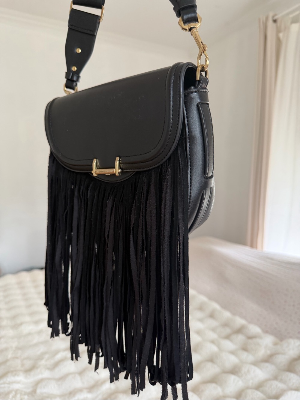 Black Fringe Shoulder Bag with Gold Hardware